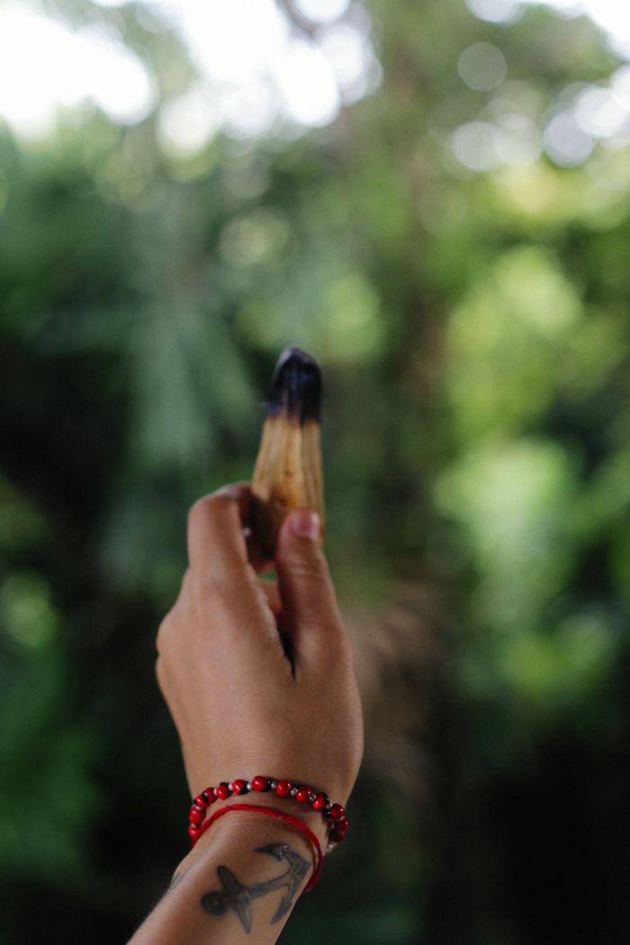 A hand holding a burning smudge stick in a natural setting with blurred greenery.