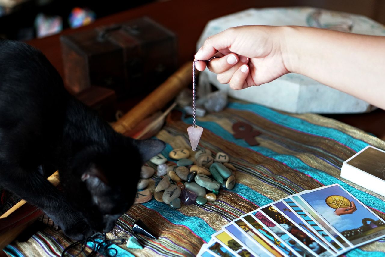 A black cat curiously examines tarot cards and pendulum on a vibrant cloth background.
